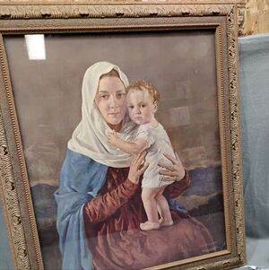 Leo Whelen 1933 Signed Madonna & Child Print Vtg Religious Art 29.6" x 26.5" Lrg